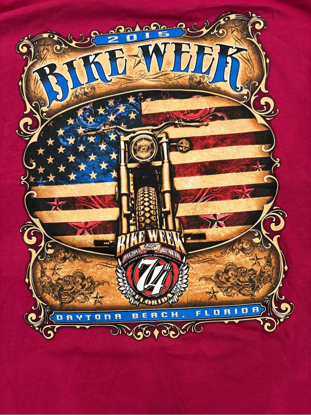 Gildan Men's Bike Week Graphic Tee - Red with Blue & Gold Print size large